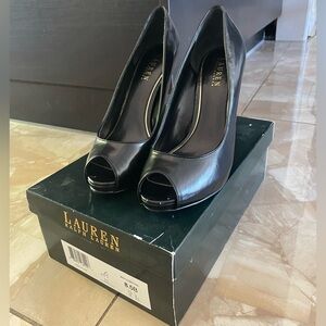 Ralph Lauren Black Leather Peep-Toe Heels